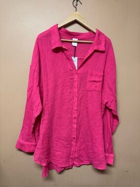 Shade & Shore Pink Vibrant Swimsuit Cover-Up Button Up Top Cotton Costal XL